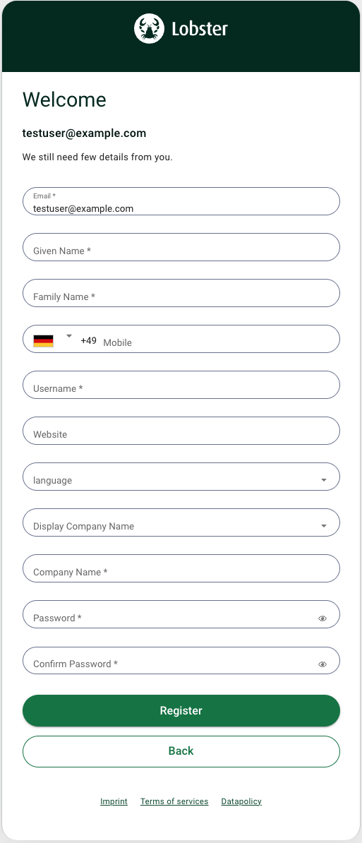 User registration form requiring email, name, mobile, and password details for Lobster.
